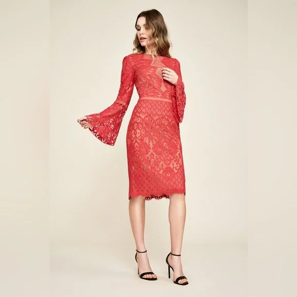 NEW Tadashi Shoji Kyra Bell Sleeve Lace Dress Red Sz 10 Formal Midi Holiday NWT - Picture 2 of 10